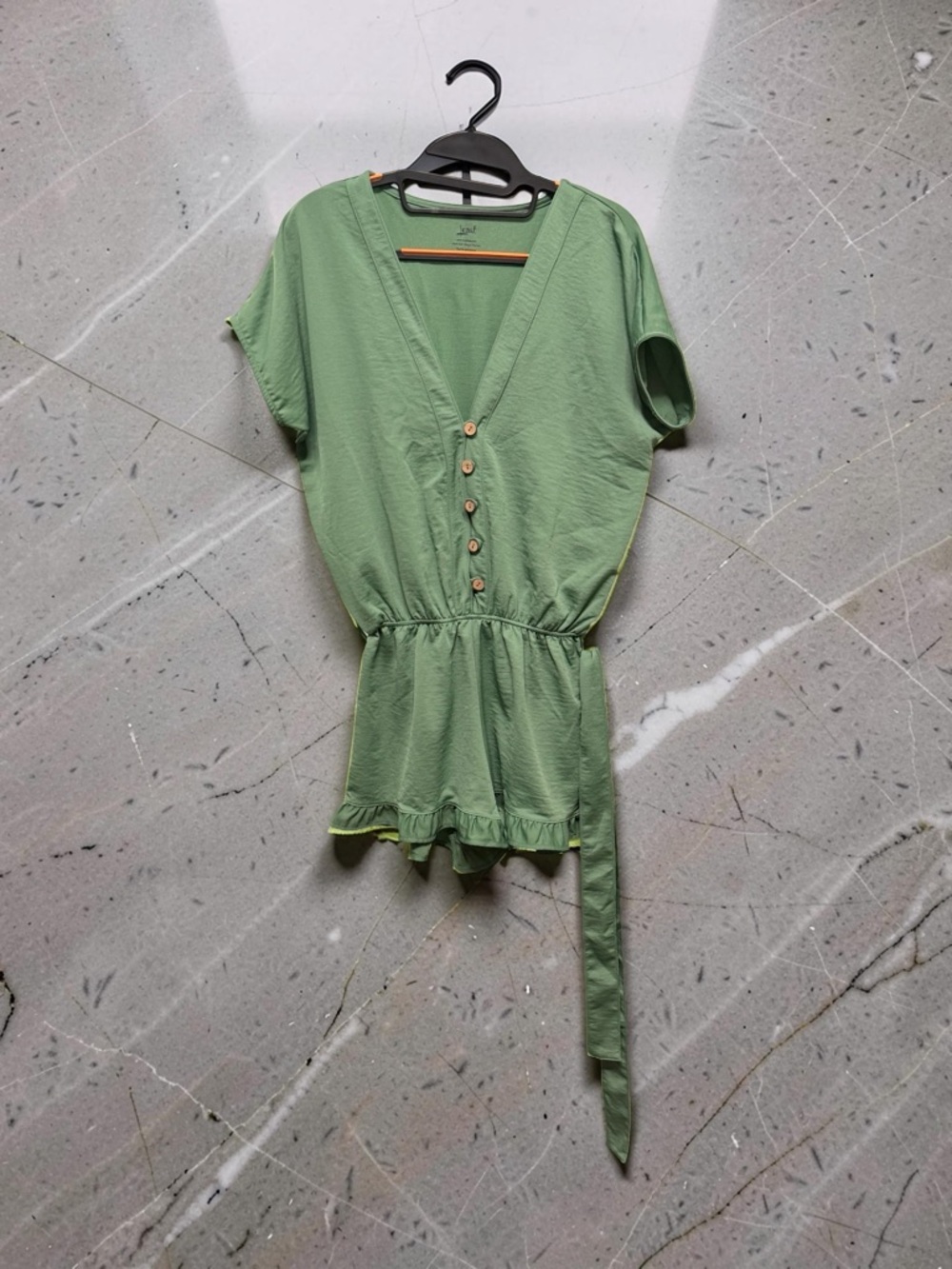 Lezat Sage Green Ruffle Romper Size XS Button Front Tie Waist Cottagecore Boho